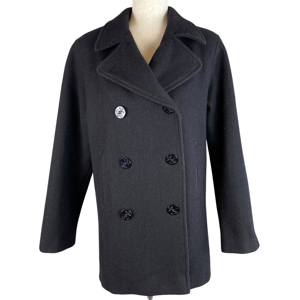 Marvin‎ Richards Vintage Over Coat Peacoat Size 6 Black Wool Anchor Buttons USA